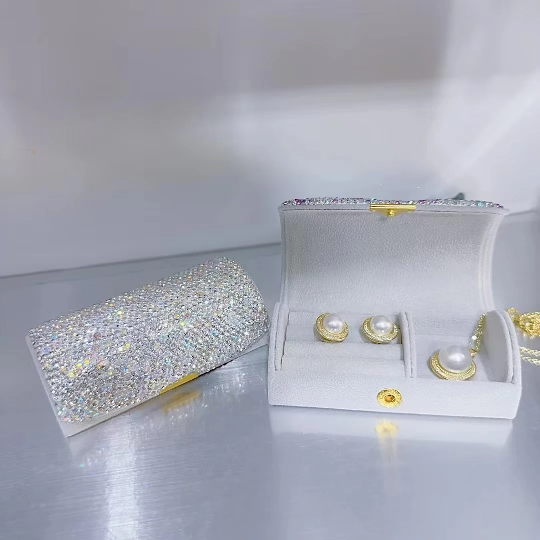

Mini Flannel Jewelry Storage Box Ring Stud Earrings Necklace Case with Rhinestone Portable Travel Display Organizer