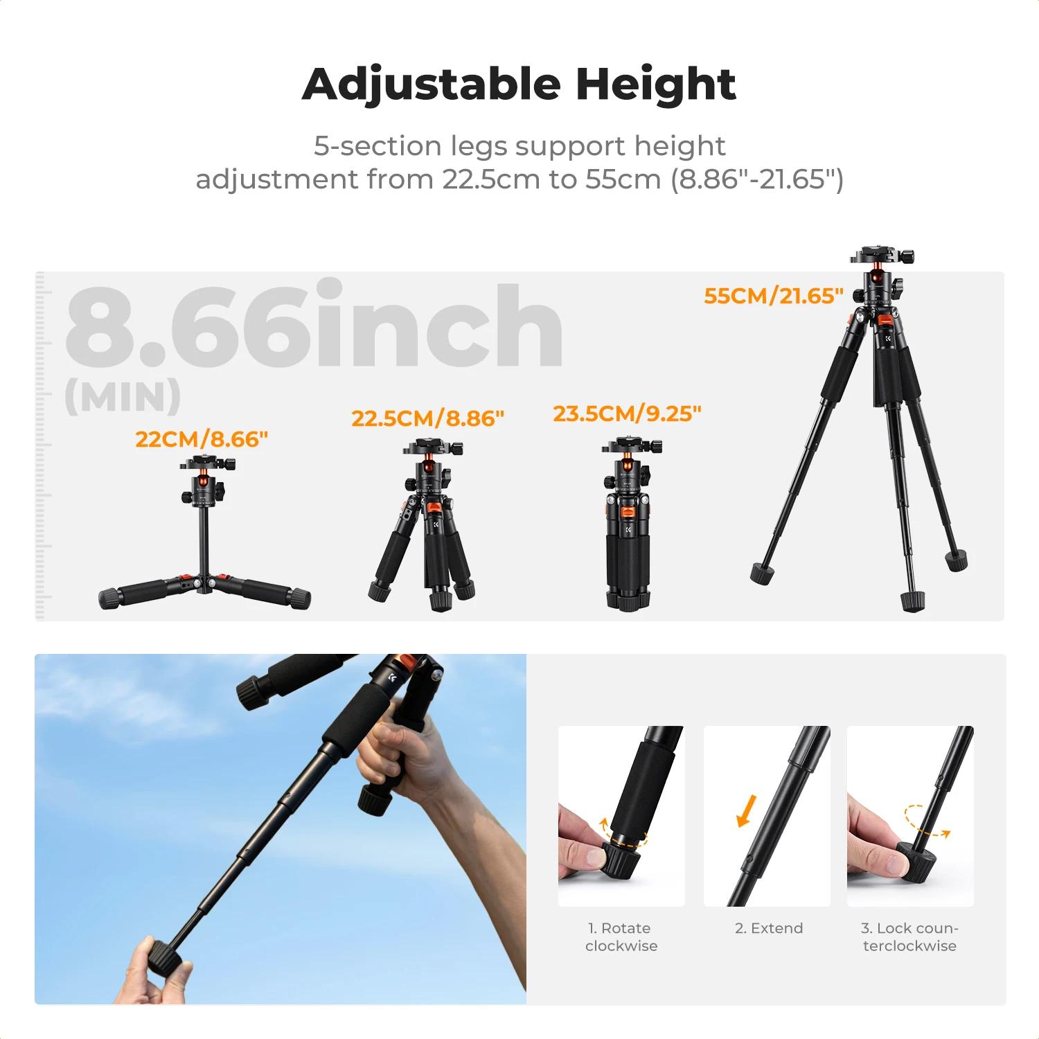 K&F CONCEPT Mini Desk Tripod 21.6'' Compact Small Tripod with Ball Head Load up to 13.22 Lbs/6 KG 1/4 inch Quick Release Plate view 3