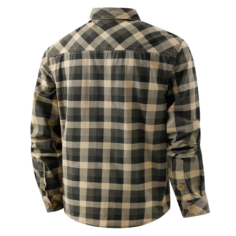 メンズ レトロ ワークウェア チェック柄シャツ 純綿 マルチポケット カジュアル ルーズ 長袖 春新作