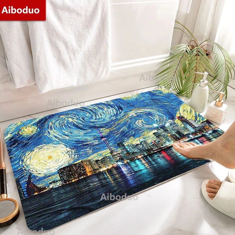 Vintage Famous Painting Starry Sky Bathroom Non-silp Doormat Suitable for Living Room Entrance Decorative Accessories Floor Pad