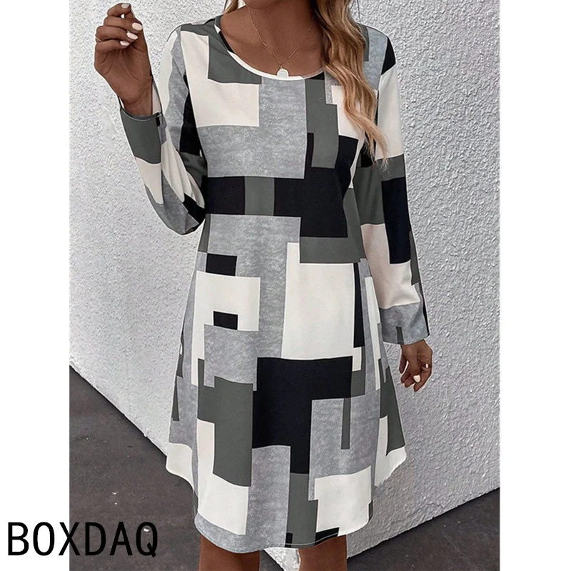 2025 Spring New 3D Geometric Printing Dress Women O-Neck Long Sleeve Casual A-Line Dresses Big Size 3XL Female Vintage Dresses