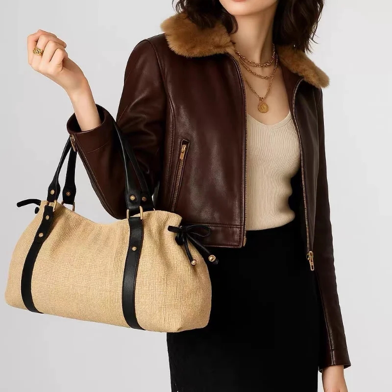 

Bohemian Woven Handbag Drawstring Pleated Straw Bags For Women Rattan Shoulder Bag Travel Handmade Woven Boston Beach Handbags