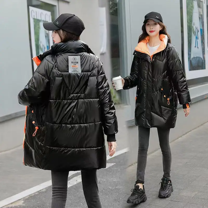 2023 Winter Fashion Jacket Ladies Long Coat Women Shiny Oversize Stand-up Collar Coat Black Warm Parka