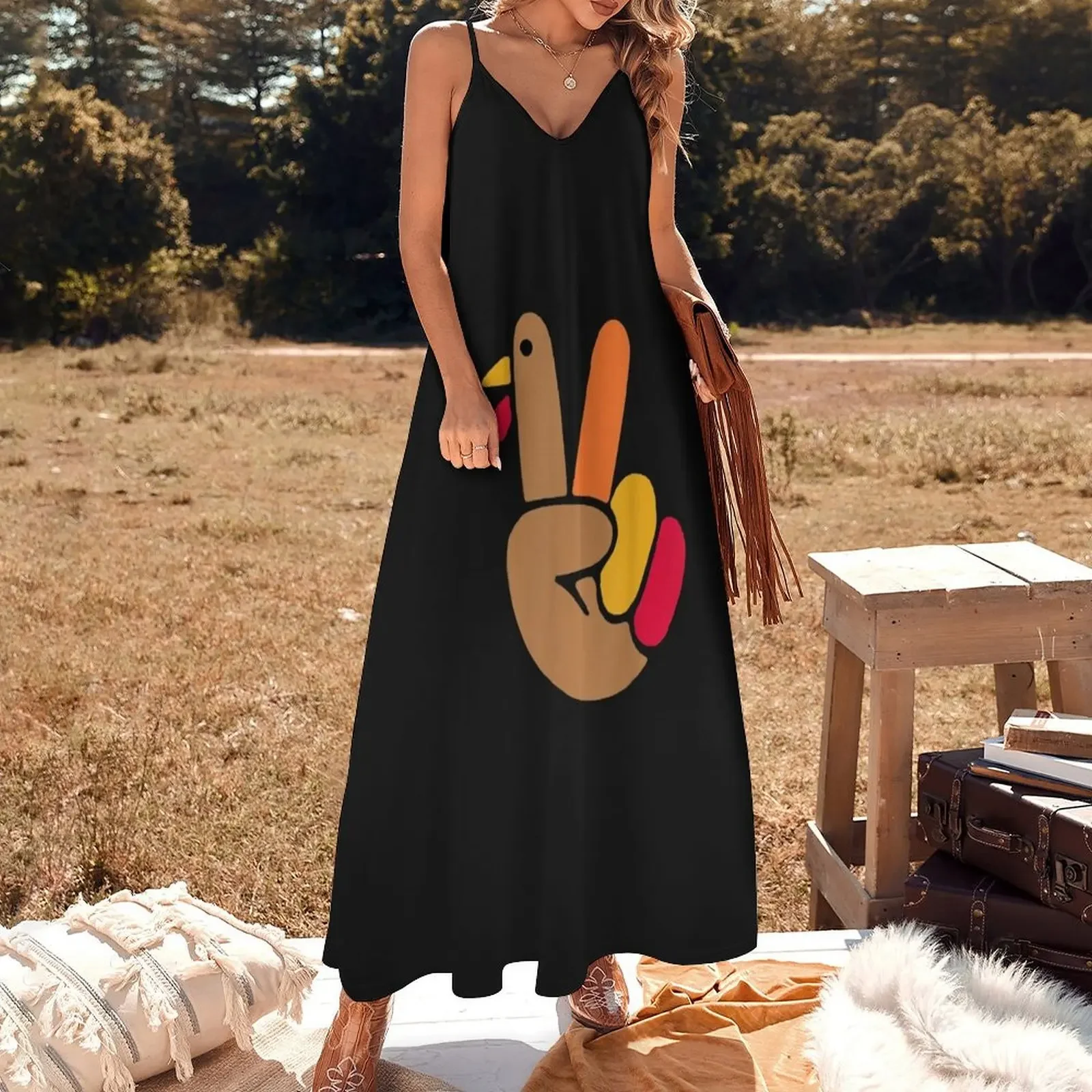 Peace Hand Turkey Design For Ugly Thanksgiving Sweater Idea Sleeveless Dress Womens dresses Women's skirt