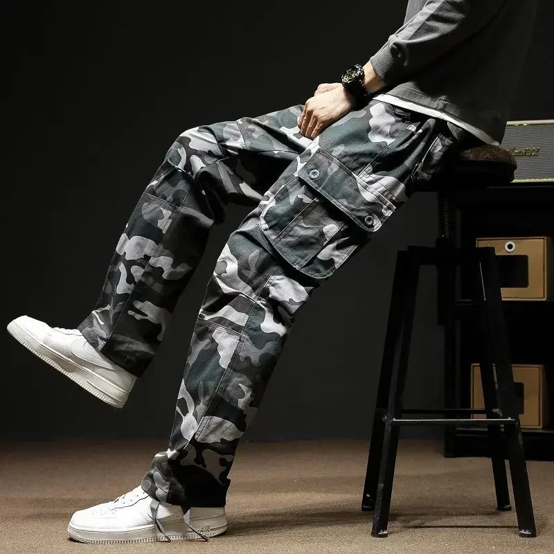 

Multipockets Big Size Camo Trousers Multi Pocket Loose Regular Fit Harajuku Emo High Quality Camouflage Cargo Pants Men JJ1228