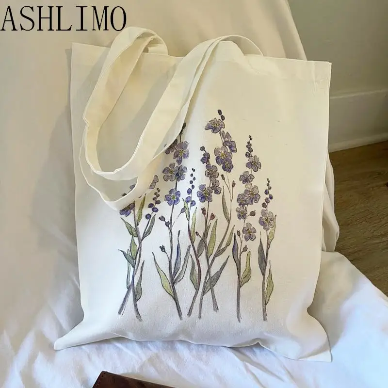 Floral Canvas Shopping Bags Totebag Shoulder Bags For Women Flowers Daisy Lavender Rose Garden Eco Reusable Cute School Tote Bag