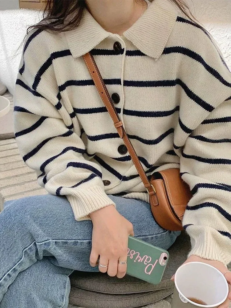 White Black Striped cashmere Cardigan Women cashmere Sweater Elegant Long Sleeve Autumn and Winter Cashmere Cardigan Women