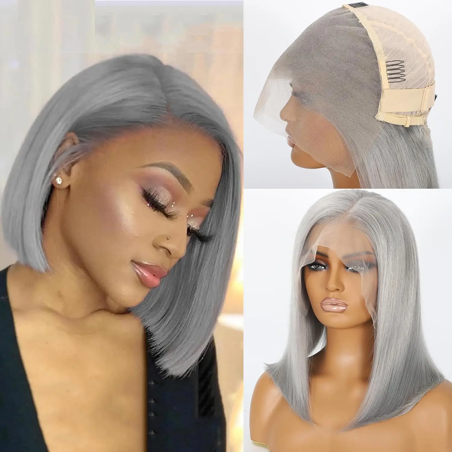 Grey Color Full 13X6 Bob Lace Frontal Wig Human Hair Straight Transparent Lace Front Wigs 180 Density Pre Plucked With Baby