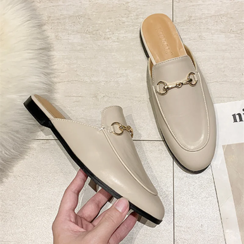 Lady Top Shop Shoes Round Toe Replicas Famous Slides Metallic Khaki Black Flat Slippers Wide Fitting 34-43 26cm Designer Leathe