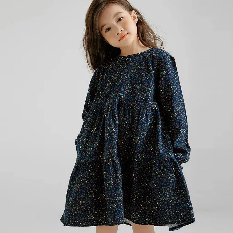 Girls Floral Dress Cotton Long Sleeve Pleated Casual Swing Dresses A-Line Knee Length Vestidos for Kids 4-16 Years