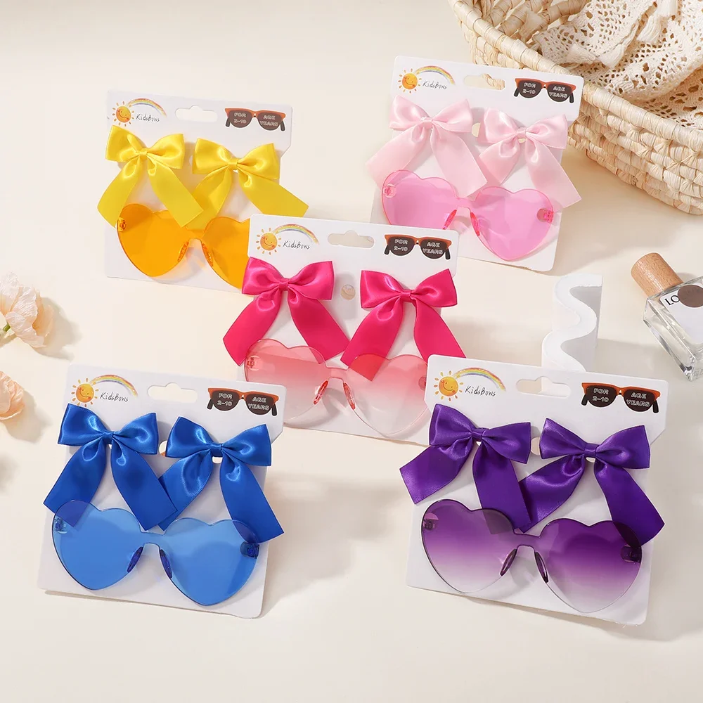 2Pcs/set Kids Summer Round Sunglasses Bows Headband Gift Sets Children Lovely Glasses Protection Hair Accessories for Girls