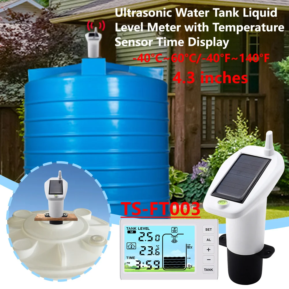 

Indoor Water Tank Liquid Level Meter Temperature Sensor Time Display W/ Alarm Wireless Ultrasonic Water Tank Liquid Level Meter
