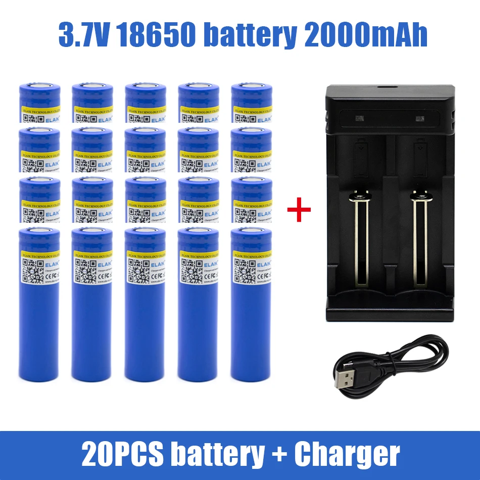 1-20PCS 18650 2000 mAh แบตเตอรี่ลิเธียม 3.7 V ไฟฉายแบบชาร์จไฟได้แบตเตอรี่, พร้อม USB Charger