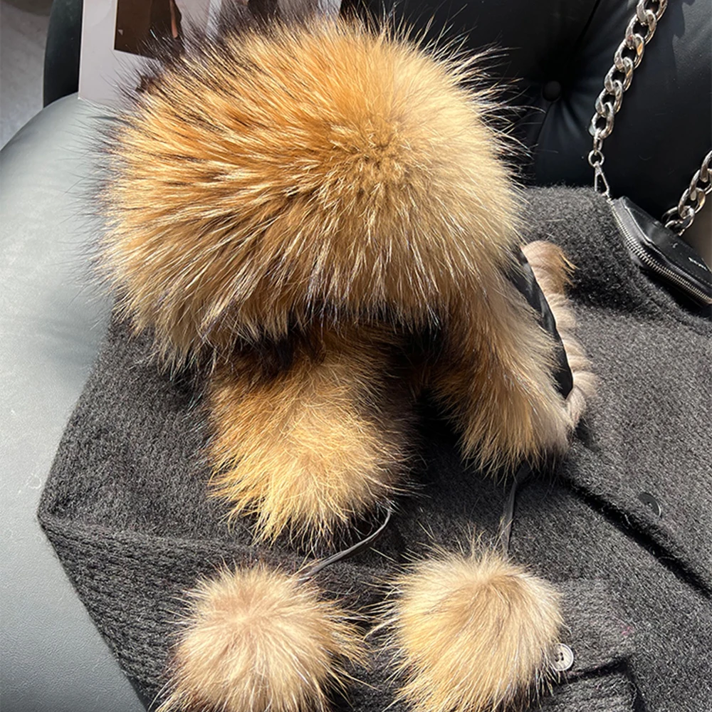 Natural Fox Fur Bomber Hats Winter Warm Women Flurfy Genuine Fox Fur Earfiap Caps Luxury Quality Russian Lady Real Fox Fur Hat