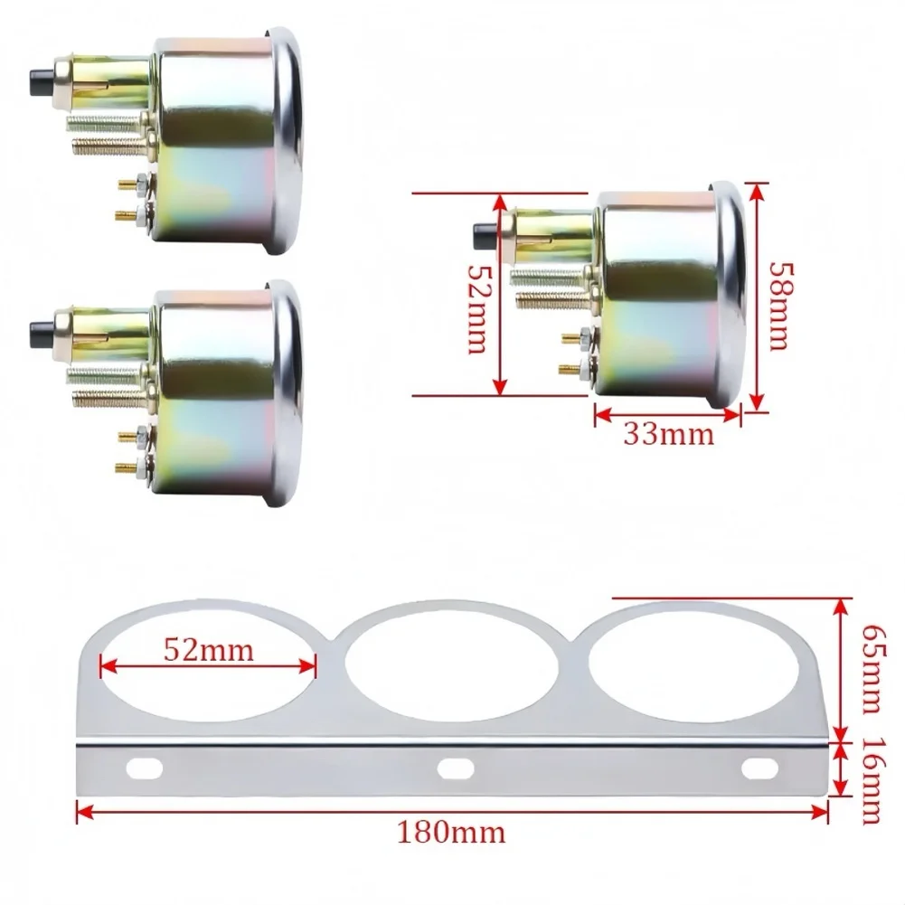 Triple Function 52mm Gauge Kit with White Face for Water Temp Oil Pressure and Voltage Readings on 12V Auto Dashboards