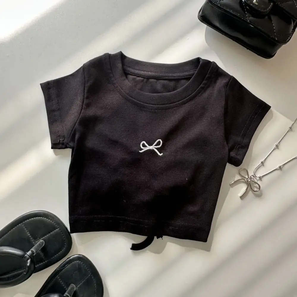 

Temperament Lace Up Teens Bow T-shirts Short Sleeve Korean Style Slim Crop Top Summer Sweet Girl's Top Students