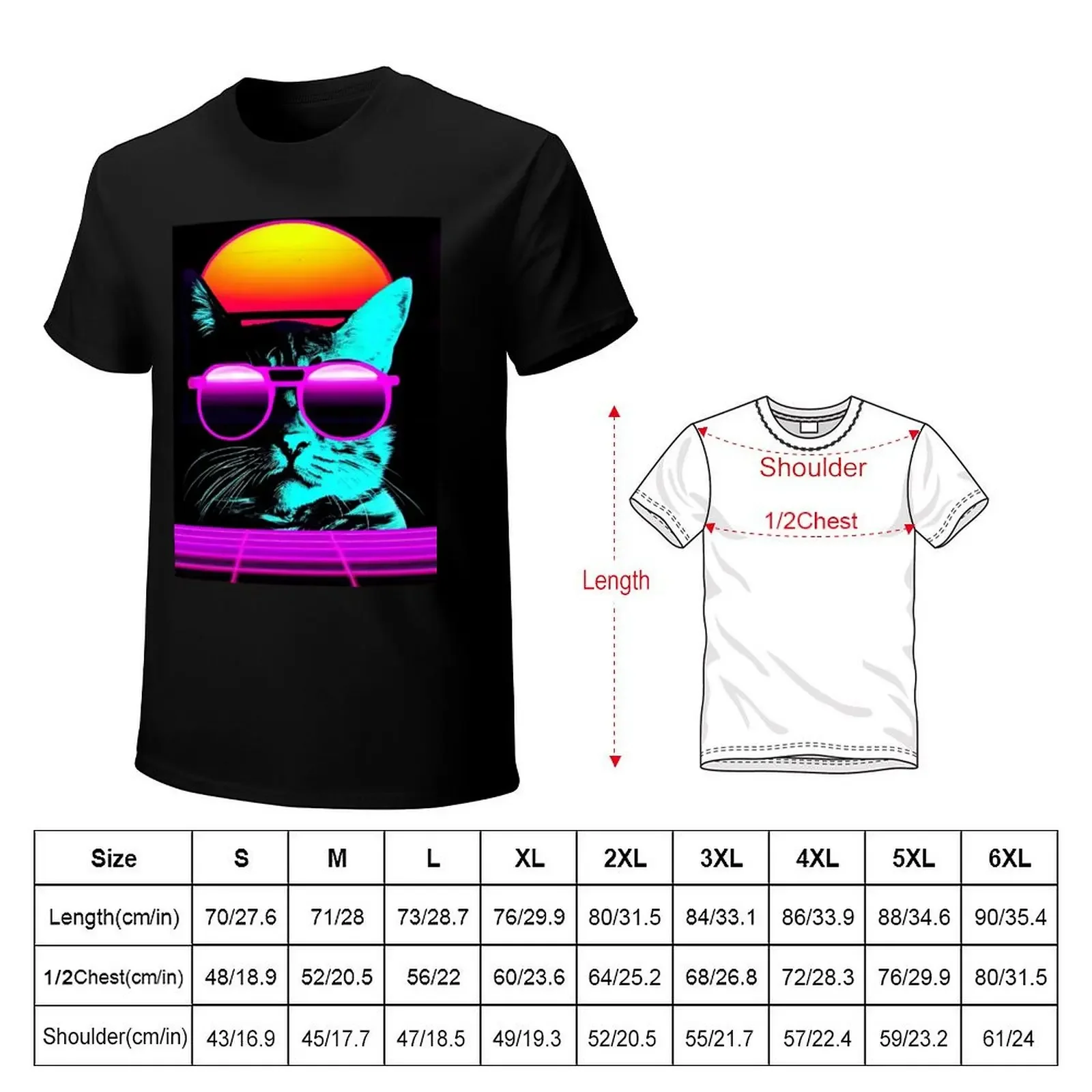 Funny Retro Vaporwave Synthwave Cat T-Shirt Simple Graphic Design T-Shirt(4XL 5XL 6XL No Shipping)