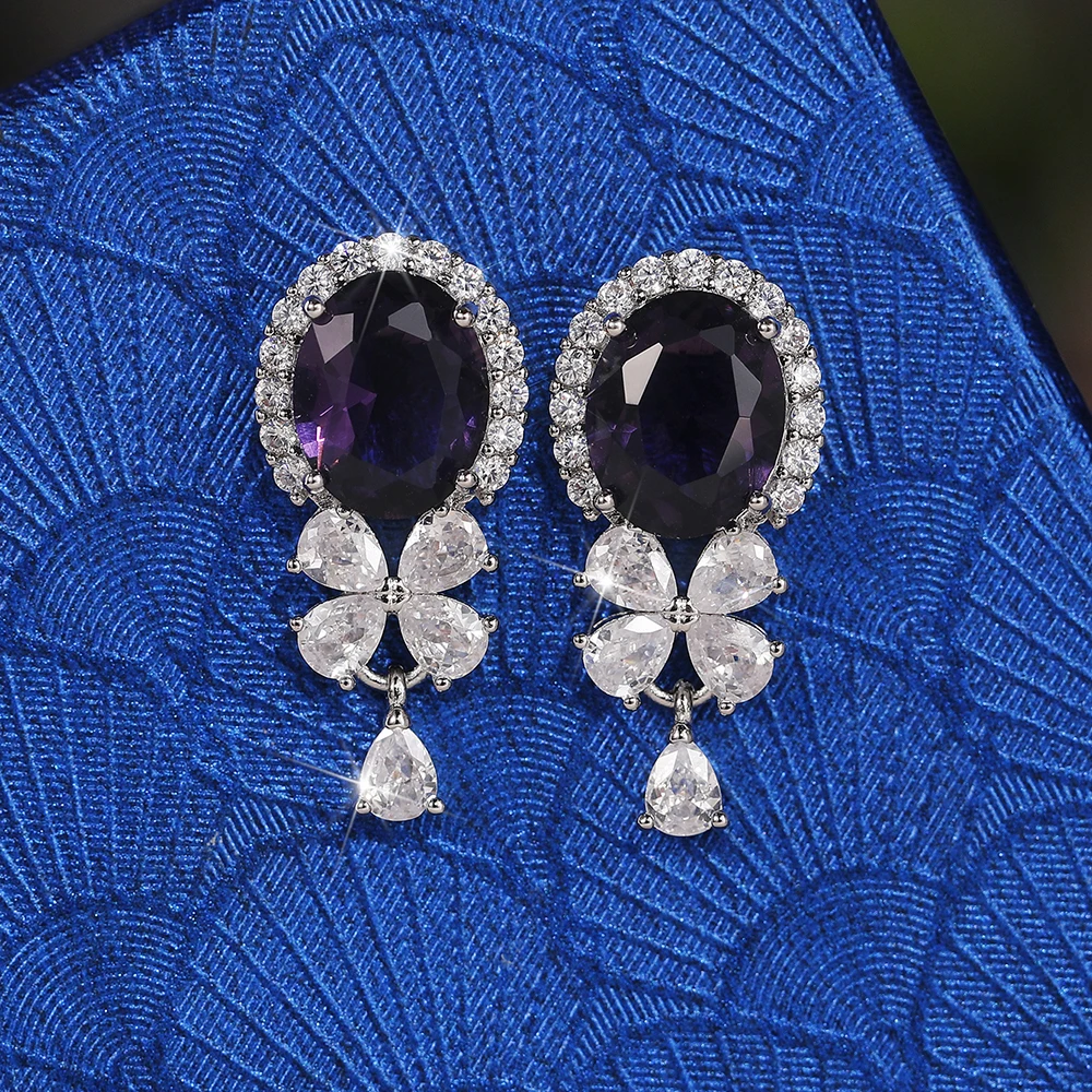 Huitan Gorgeous Purple Cubic Zirconia Dangle Earrings for Women Exquisite Birthday Gift Fashion Accessory Wedding Party Jewelry