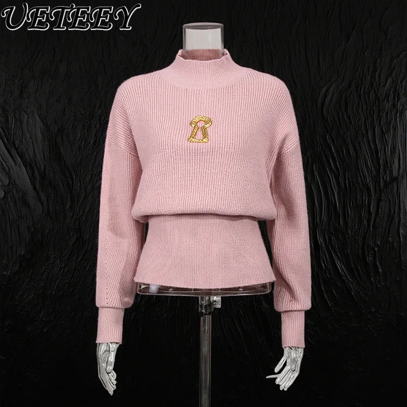 

Высококачественный однотонный пуловер, свитер, осень-зима, новый дизайн, металлическое полое украшение, высокая горловина, облегающий топ с застежкой на талии