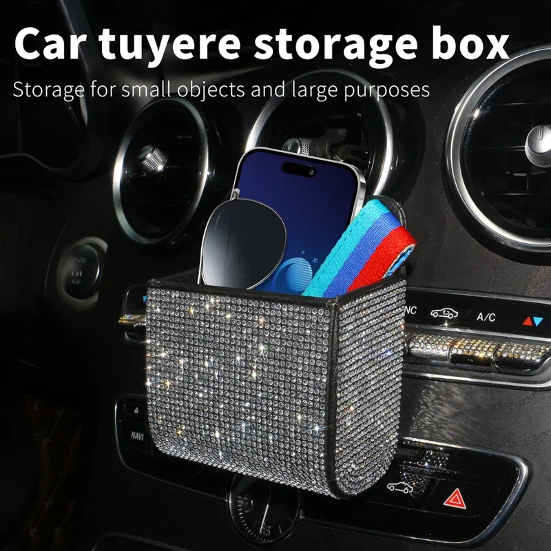 Car Mobile Phone Holder Rhinestones Pouch Organizer Hanging Storage Bag Bling Diamond Crystal Auto Outlet Air Vent Trash Box