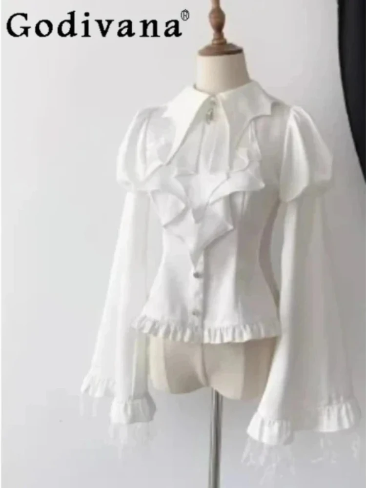 

Новая готическая блузка в стиле Лолита с длинным рукавом и воротником «летучая мышь», персонализированная, модная, для девушек, в стиле субкультуры, универсальная, в стиле панк, приталенная рубашка