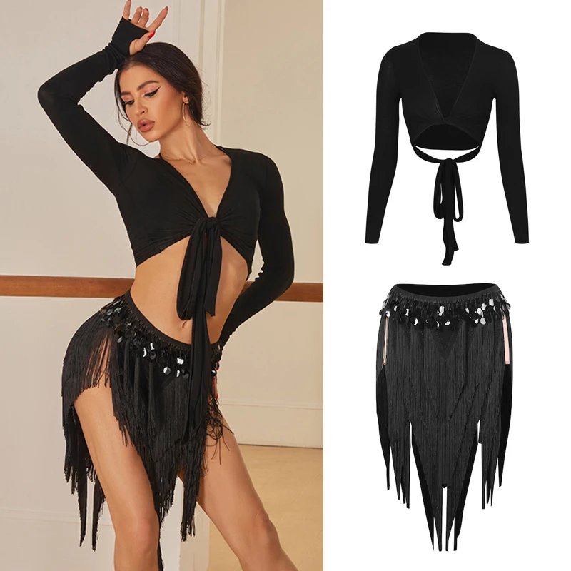 

ZYM Одежда для латинских танцев, новая женская тренировочная одежда, топы на бретелях, юбка с длинными рукавами и блестками, юбка с кисточками, костюм для выступлений ча-ча DNV25931