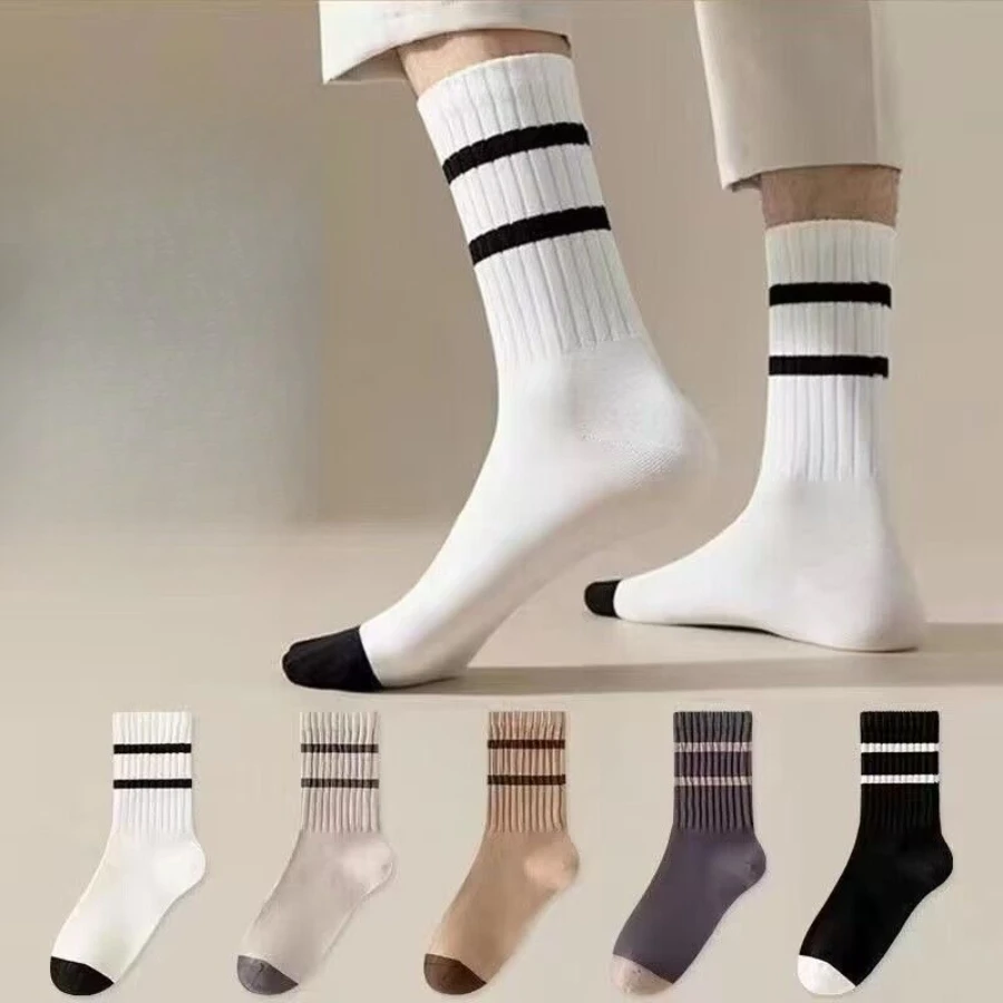 Five Random Pairs Unisex Casual Striped Mid-calf Socks for Autumn Breathable,sweat-absorbent,comfortable for Daily Wear