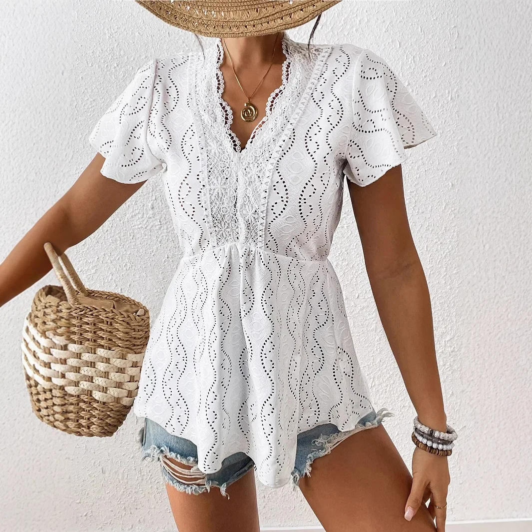 

2026 Summer New Style Flutter Sleeve Lace Patchwork V-neck Hollow Out Jacquard Pullover Top Summer Maxi Dress Boho Outfits Lace