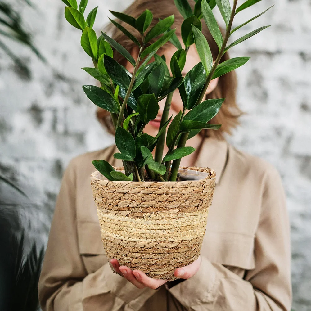 Cesta de plantas tejida grande, macetero de flores rústico hecho a mano para decoración interior, utilidad de almacenamiento, paja decorativa multiusos