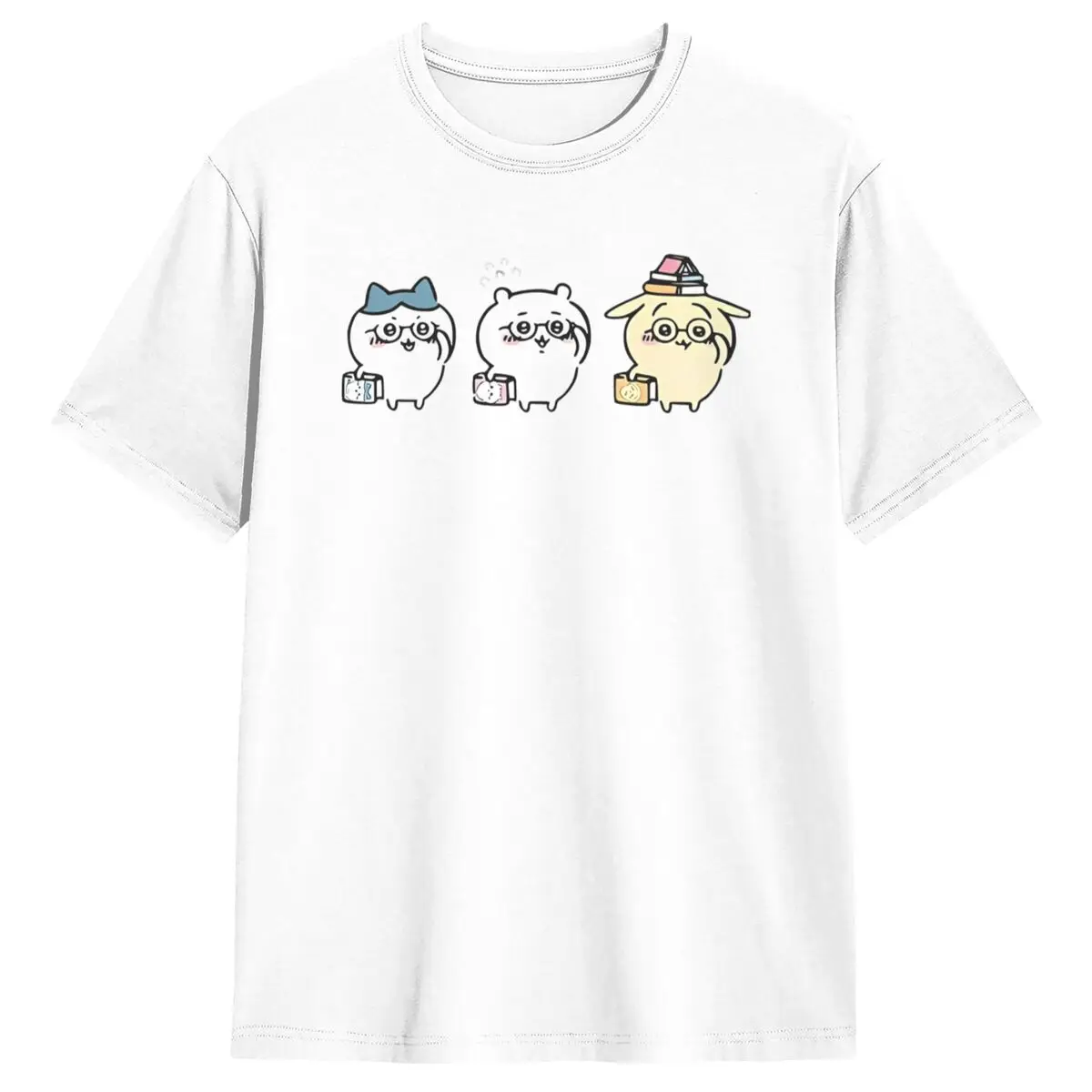 

Men Women's T Shirt Chiikawa And Friends Book Club Wearing Glasses Hachiware Usagi Cute Bear Cat Rabbit T-Shirts Summer Clothing