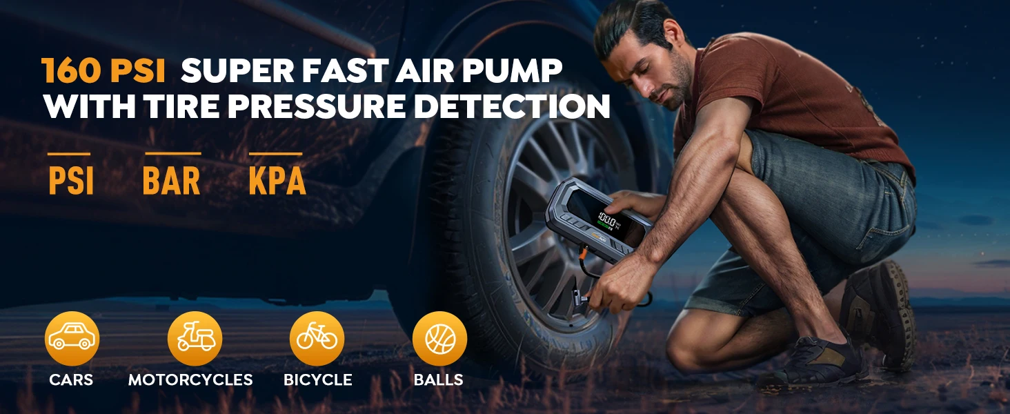 Yaber 4 In 1 6000A Starthilfe PD65W Power Bank 160PSI Luft Kompressor Reifen Pumpe Tragbare Ladegerät Auto Booster Start Gerät – Detail 2