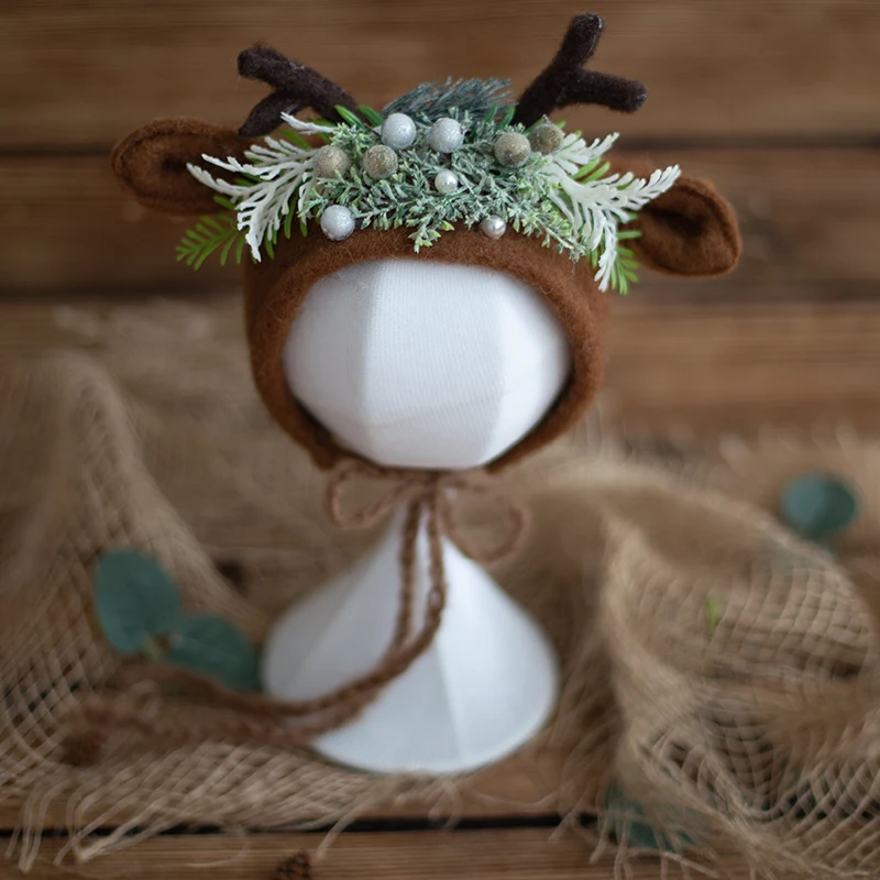 Vintage Baby Floral Hat Wool Felt Newborn Girl Deer Flower Bonnet Photography Props Cute Girl Baby Photography Accessories