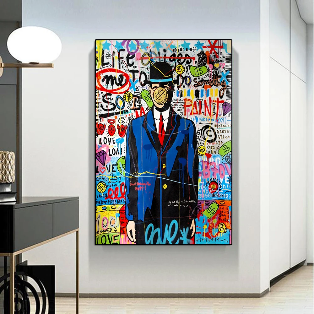 

The Son Of Man Funny Graffiti Canvas Painting Street Pop Art Rene Magritte Poster And Print Money Wall Art Mural Room Home Decor