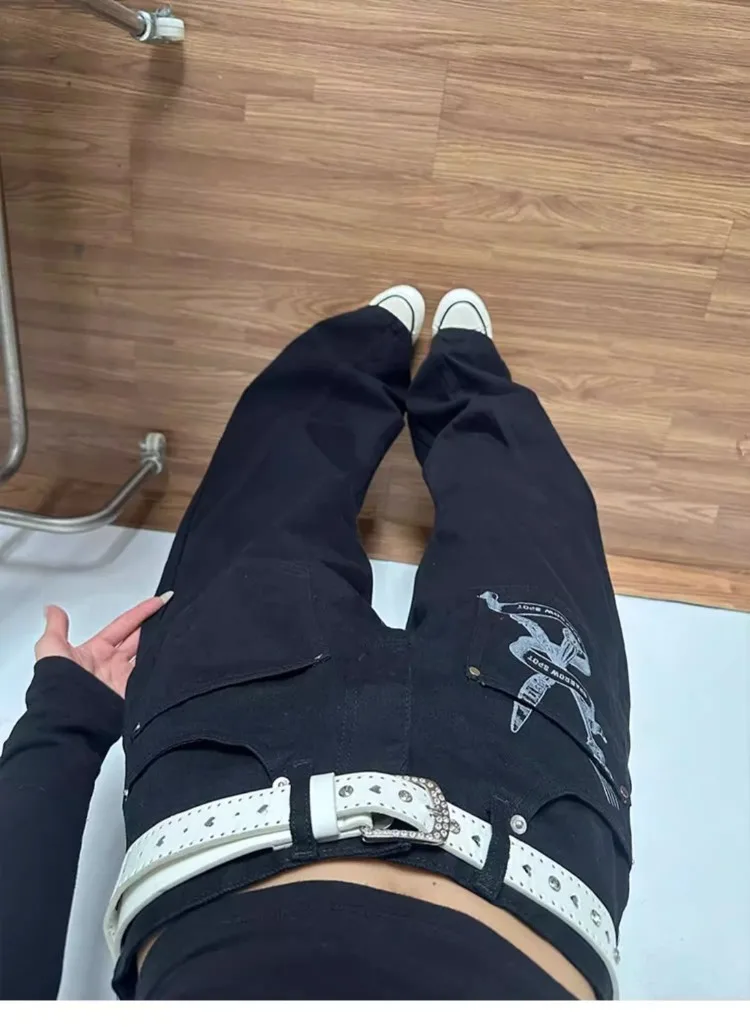 Women's Fashionable Letter Pattern Design Jeans Casual Pants Summer Wide Leg Trousers Female High Waisted Punk Style Sweatpants