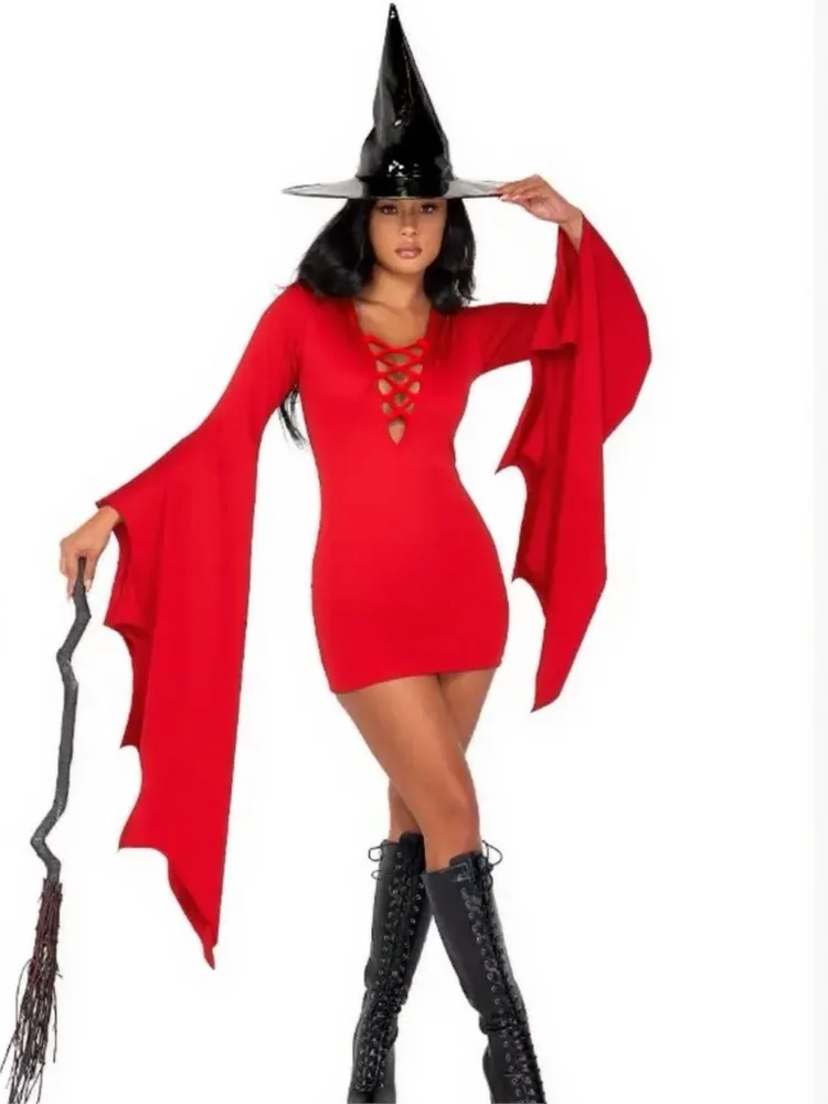 Abiti da festa neri di Halloween Abito corto sottile con maniche a pipistrello allungate a V profondo per donne adulte Purim Cos Party Wizards Fancy Dress