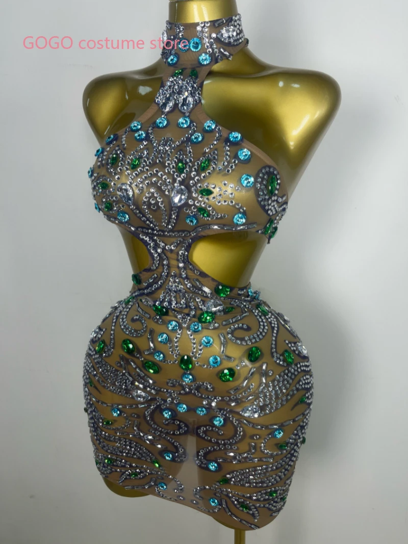 New Women Sexy Print Mesh Sheer Crystal Rhinestones Stage Costume Stage Dancer  Celebrity Night Club Mini Party Dress