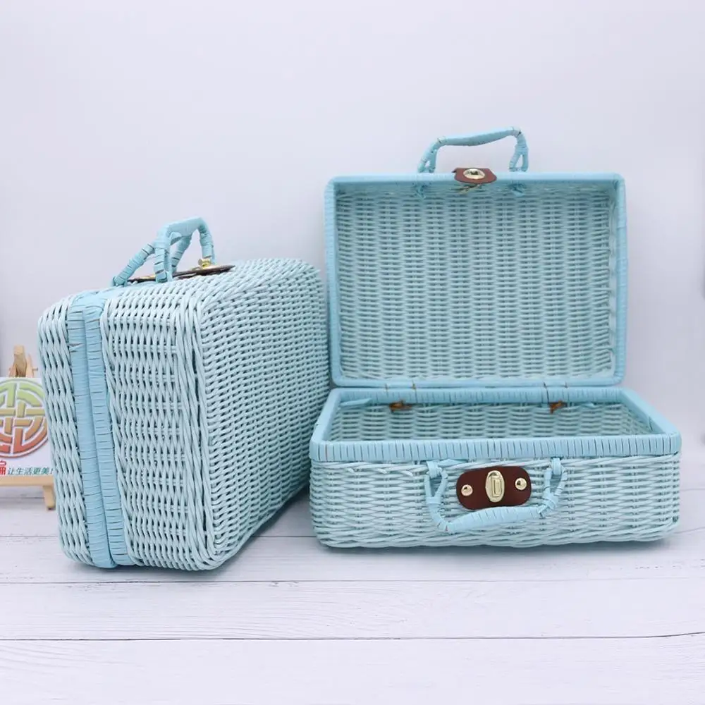 Vintage Suitcase Rattan Woven Storage Baskets Straw Rattan Basket Desk Organizer Cosmetic Storage Box Household Storage Basket