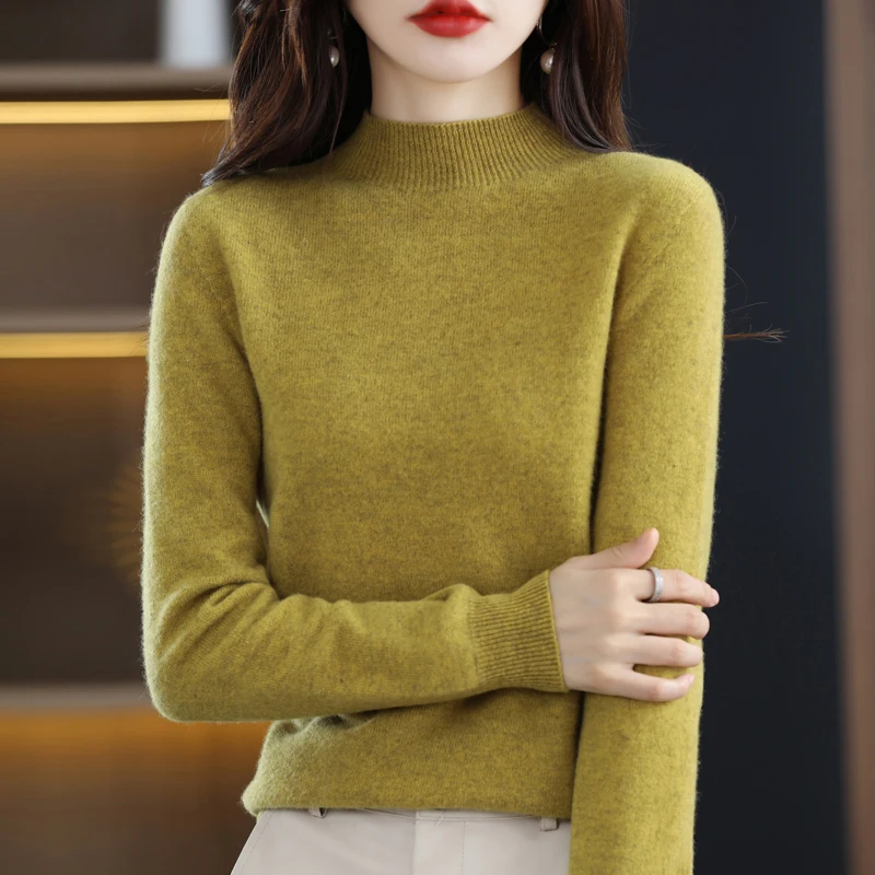 Autumn Winter New Women's 100% Wool Sweater Cashmere Half-high Collar Pullover Wild Pure Color Casual Fashion Long Sleeve Tops