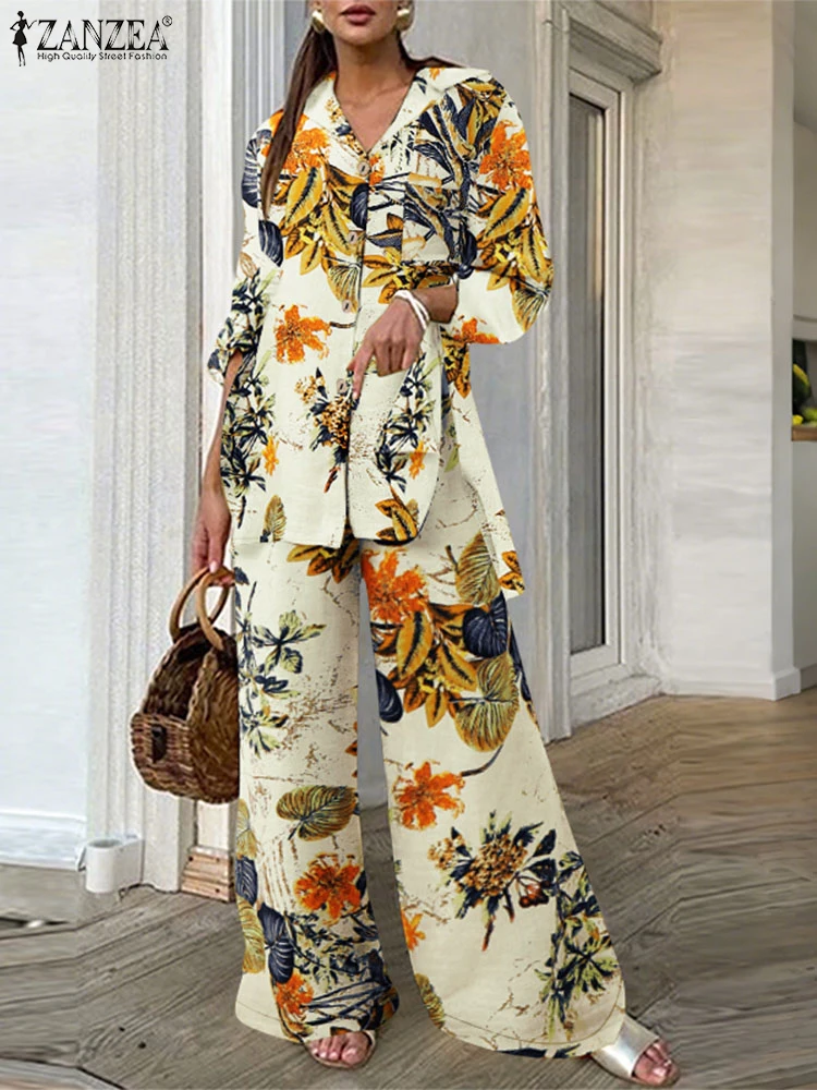 ZANZEA Frauen Baumwolle Hose Sets Vintage Langarm Shirts Breite Bein Hosen Outfit 2025, Casual OL Arbeit Anzüge Übergroßen Passenden Sets