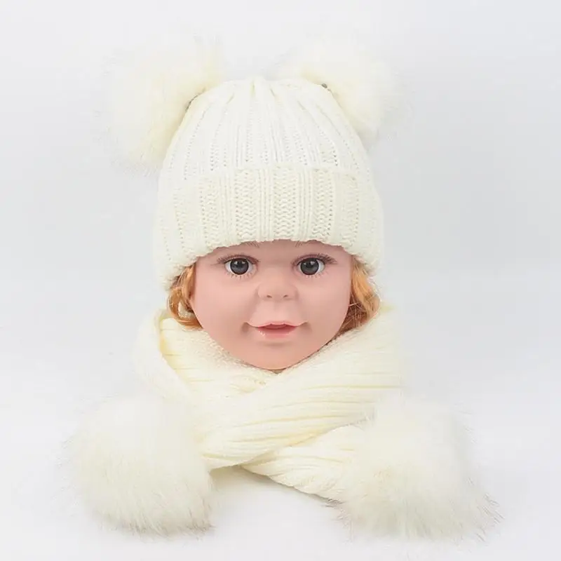 R1WE طفل أطفال شتاء دافئ مضلع قبعة متماسكة قبعة مع طقم أربطة عنق طويلة بلون لطيف مزدوج بوم بوم الأذن مكبل قبعة الجمجمة #2