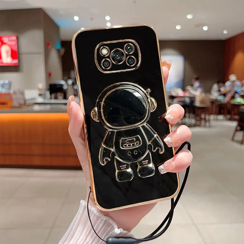 Luxury Plating Square Astronaut Holder With Landyard Phone Case For Xiaomi Poco X3 Pro Nfc Case Cover