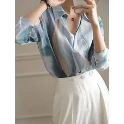 Fashion Gradient Printed Elegant Turn-down Collar Chiffon Blouse Female Korean Loose Long Sleeve Button Shirt Women's Clothing