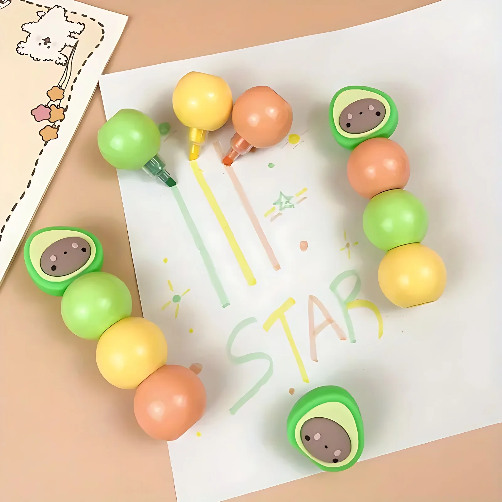 1pc 3colors Cute Avocado-Themed Highlighter Set for Students - Fun Cartoon Graffiti Markers.