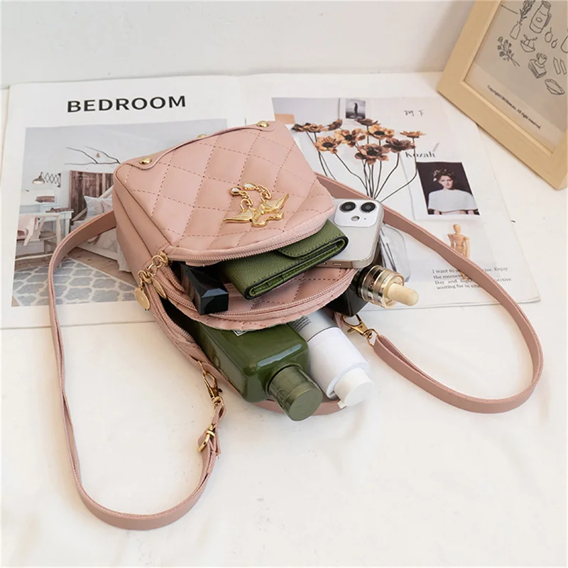 Rhombus Student Double-layer Backpack Women Fashion Swan Tassel Pendant Mini Backpack