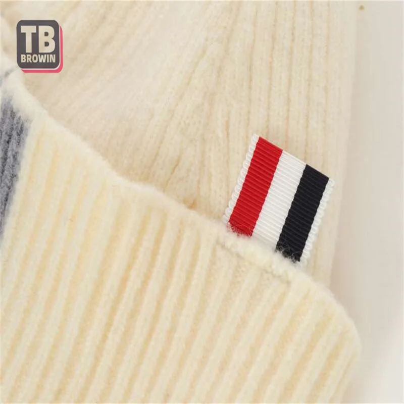 TB BROWIN Men\'s Brand Knitted Hat Four bars Stripe Winter Casual Hip Hop Luxury Women beanie Wool Cashmere Elastic Hats Unisex