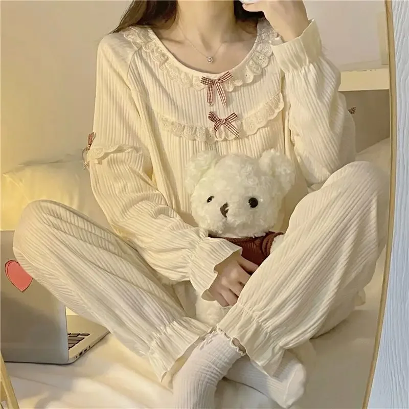 Female Spring Summer Long Short Sleeved Pajamas Loungewear Set Student Loungewear Palace Princess Style Sweet and Cute Loungewea