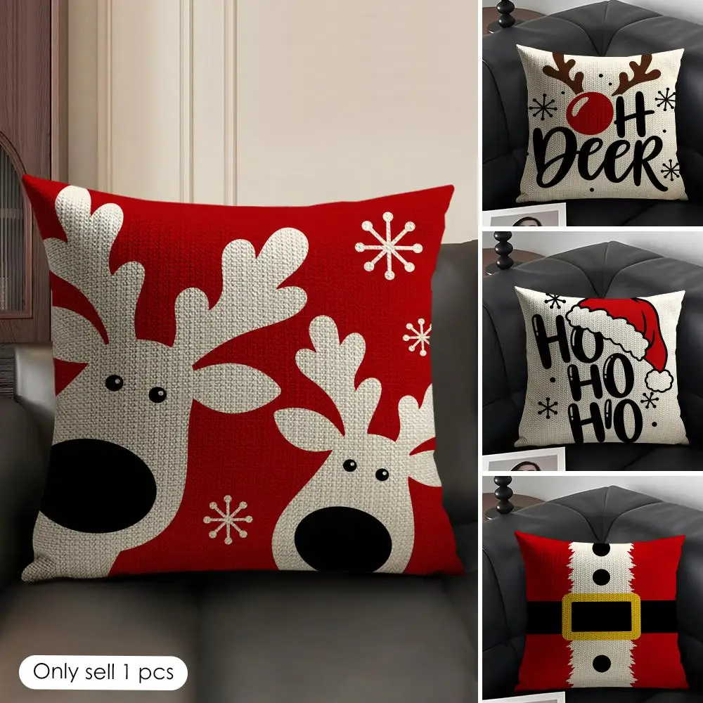 Christmas Reindeer Santa Designs Cushion Cover Skin-Friendly Organic Linen Pillow Cover Durable Hypoallergenic Washable Soft