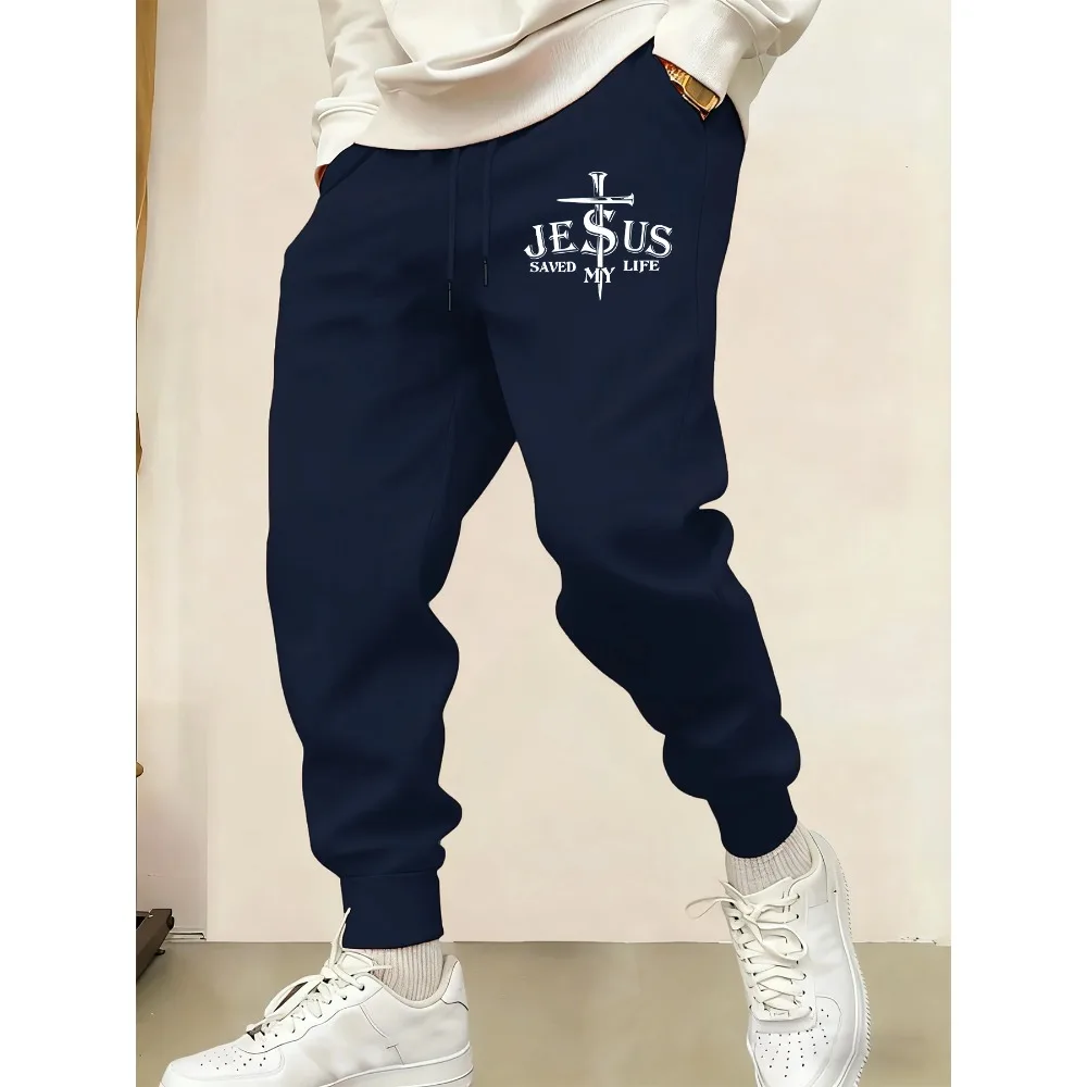 

Jesus Saved My Life Letter Printed Male Sweatpants Pocket Warm Britches Comfortable Street Long Pants Hip Hop Trousers