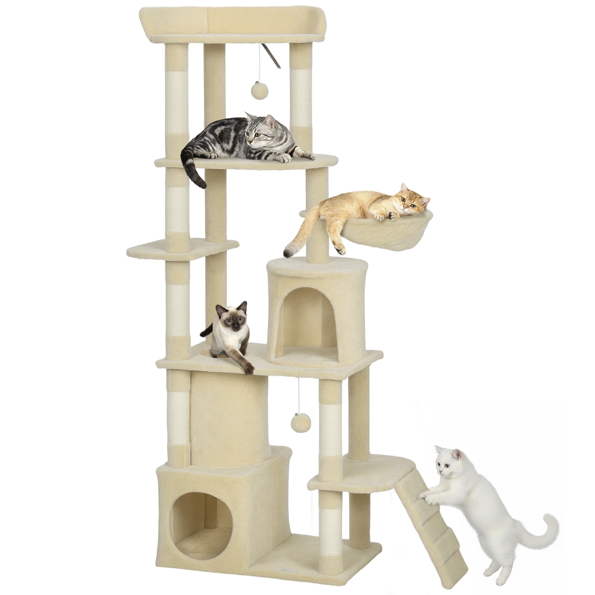 Pawhut Grote Krabpaal Hoogte 170 cm met 7 palen, 1 tunnel, 3 platforms, 2 holten, 1 hangmat