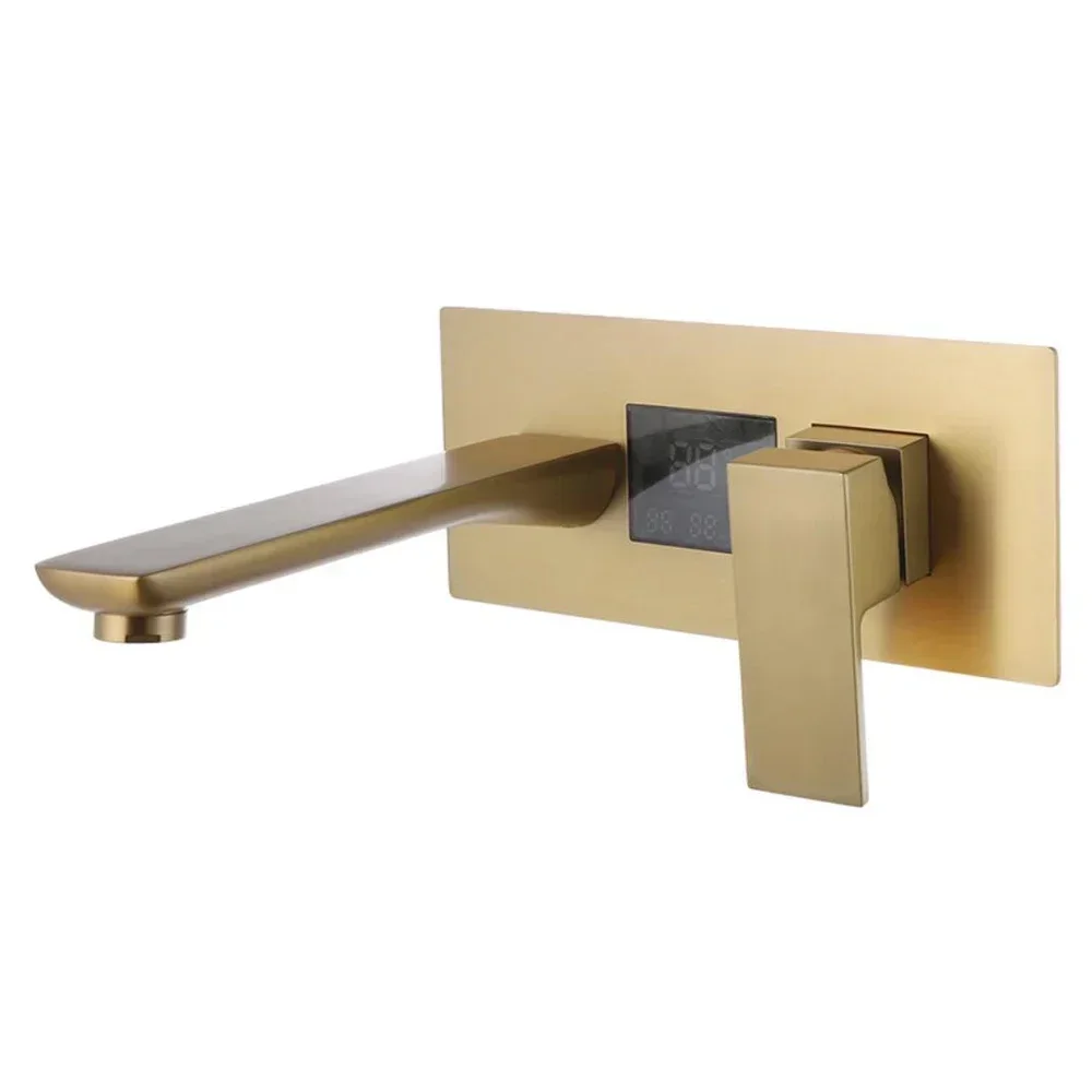 High quality Wall mounted  Brushed gold Brass Digital Display Temperature basin faucets bathroom Hot and Cold Water Tap Mixer